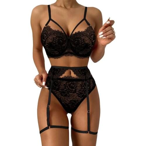 Womens 3 Piece Babydoll Lingerie Set, Sexy Floral Lace Bra + High Waist Garter Belt + Panty Set