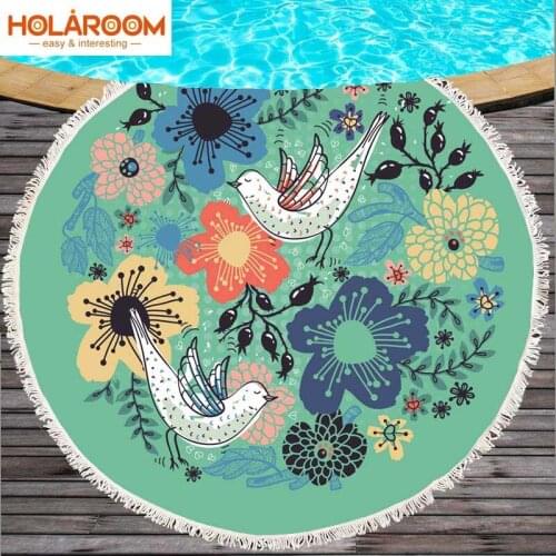 Round Beach Towel Summer Microfiber Printed Towel Tapestry Yoga Mat Blanket Bath Towel Flower Fly Bird Beach Towel 150cm