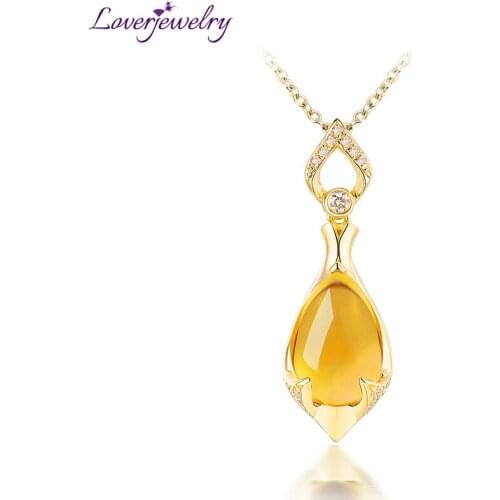 LOVERJEWELRY Water Drop Citrine Pendant 18Kt Yellow Gold Tear Cut 8x12mm Natural Citrine For Women Engagement Crystal Necklace
