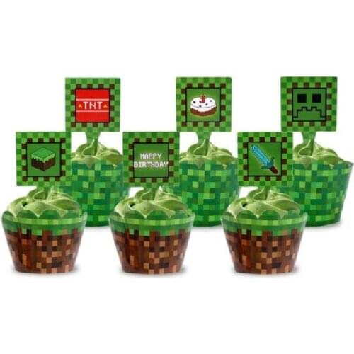 24pcs minecrafte steve Diamond sword Decoration Disposable Paper Cups cake card enderman Birthday Party Tableware Cake Cup Toy