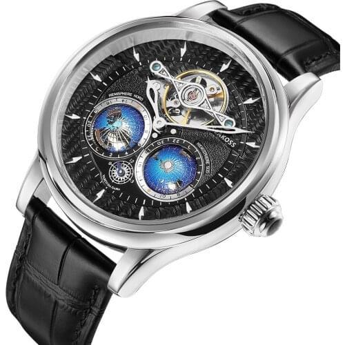 SEAKOSS Multi-Function Auto Rotation Flywheel Watches North/South Hemisphere Dual Earth Men Automatic Mechanical Wrist Watches