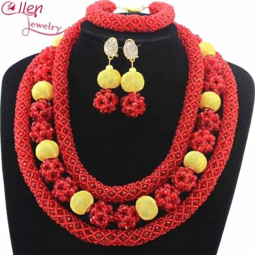 Fashion Red African Beads Jewelry Set 3 Rows Nigerian Wedding beads Jewelry Set Available in Other Color Free Shipping W12912