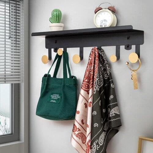 Iron Entryway Wall Shelf Hanging Shelf Wall-Mounted Coat Hook Rack with 4/5/6 Dual Metal Hooks for Hallway Bathroom Living Room