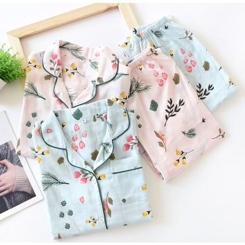 New Autumn 100% Cotton Long Sleeve Pajamas For Women Summer Gauze Breathable Sleepwear Set Print Homewear Female Loose Home Suit