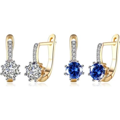 Luxury White Blue Zircon Stud Earrings For Women Jewelry Ladies Champagne Gold Color Stud Earrings Wholesale Female Earrings