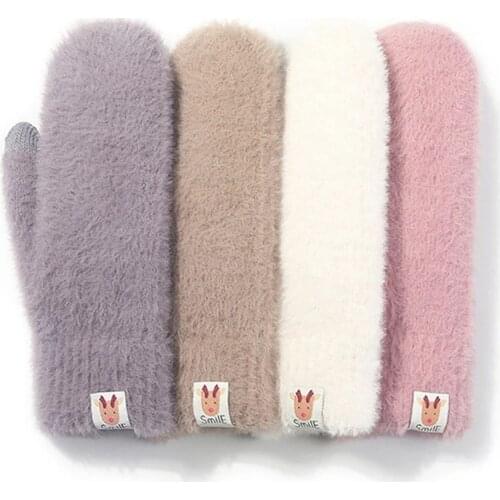 Christmas Winter Knitted Women Mittens Plush Ladies Cute Touch Screen Windproof Plus Velvet Thick Warm Fashion Pure Color Gloves
