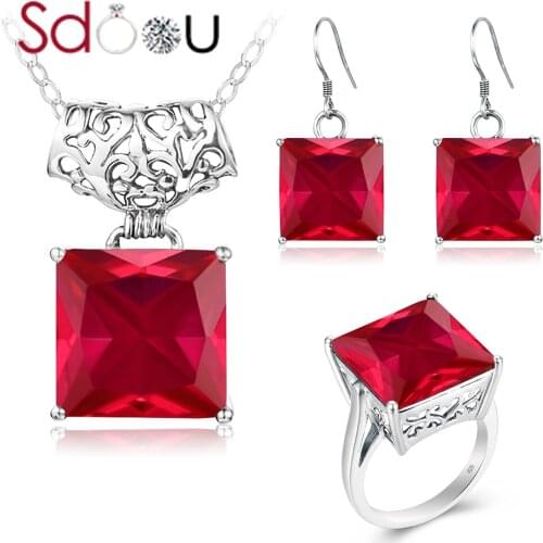 SDOOU New Trendy Silver Sterling 925 Set For Women Red Ruby Ring Earring Pendant Square Gemstone Luxury Jewelry Valentines Gift