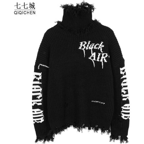 Winter Turtle Neck Sweater Men Women Hip Hop Streetwear Hole Turtleneck Oversized Sweater Couple Long Sleeve Pullover Tops