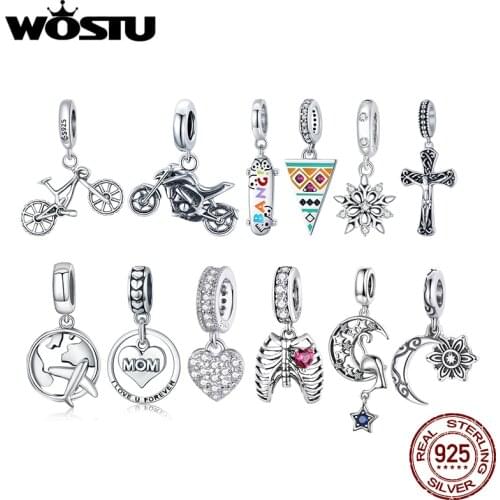 WOSTU Authentic 925 Sterling Silver Hot Sale Kitty Moon Charms Pendant Fit Bracelet Women Party Fashion DIY Jewelry Gift Making