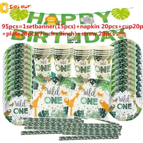 95pcs/Set Forest Animal Tableware Jungle Safari Birthday Decoration Wild One 1st Bithday Party Supplies Paper Plates Cup Napkins