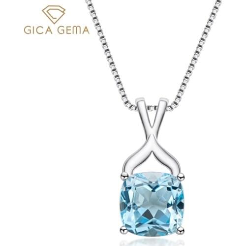 GICA GEMA 925 Sterling Silver 4.5ct Natural Blue Topaz Created Wedding Pendant Necklace Fine Jewelry