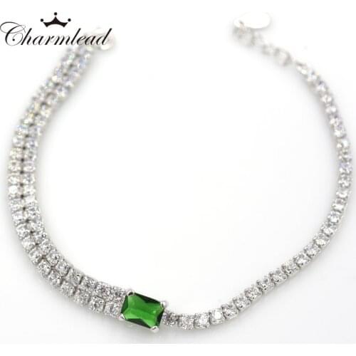 Charmlead 925 Sterling silver Link Chain CZ Bracelet Green Cubic Zirconia Crystal Charm Bracelets Fashion Jewelry For Women