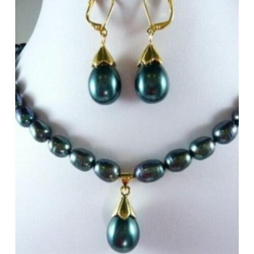 7-9MM Black Pearl Necklace Shell Pearl Earring Set 18"