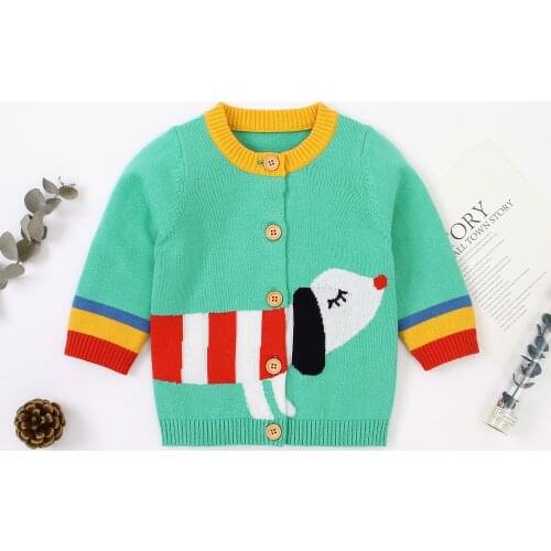 Baby Cotton Knitting Cardigan Fall Coat Round Neck Long-Sleeve Cartoon Dog Hedgehog Printed Sweater Outer Wear Boy Girl