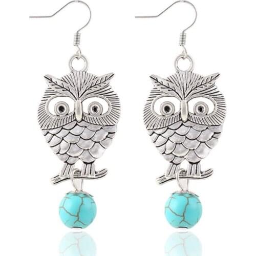 FYJS Unique Silver Plated Wisdom Owl with Green Turquoises Stone Beads Dangle Earrings for Women Fashion Jewelry