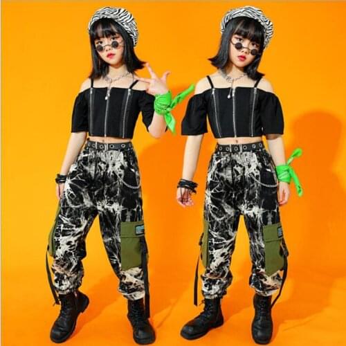 Kids Cool Hip Hop Dancing Outfits Streetwear Crop off shoulder Camo Pants For Singers Girls Jazz Dancing Costumes Clothing