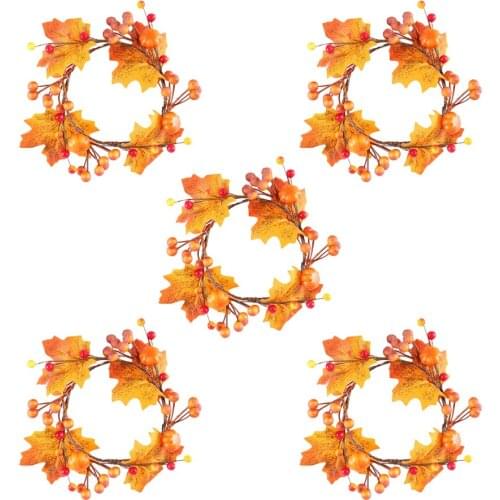Harvest Candle Ring Pumpkin Berries Simulation Maple Rings 5pcs Artificial Home Decoration Inner Diameter 12cm Mini Christmas