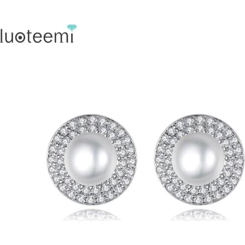 LUOTEEMI White Imitation Pearls Stud Earrings for Women Small Cubic Zircon Paved Fashion Jewelry Boucle D'Oreille Femme Gifts
