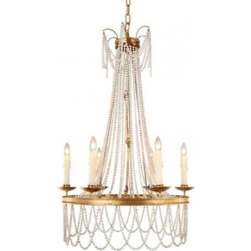 Antique gold chandelier lighting wooden beaded lamp vintage golden 6 lights chandelier hanging light farmhouse foyer bedroom E14