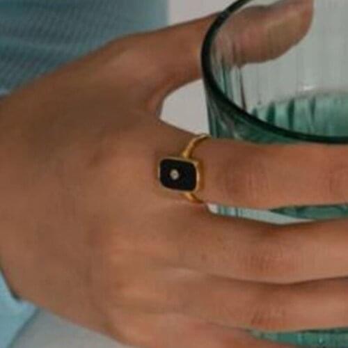 Stainless steel rings for women enamel black rectangle cz set statement ring vintage harajuku style trendy women jewelry 2021