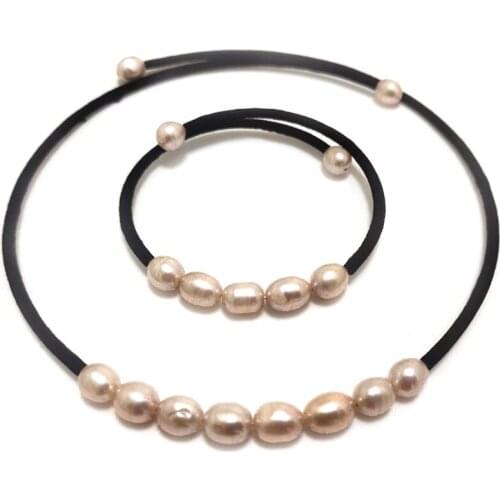 7-8m Natural Lavender Rice Pearl Necklace & Bracelet Memory Wire Fashion Jewelry Set