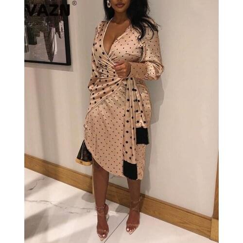 VAZN 2020 Hot Popular Dot Sexy Chiffon Sweet Dress Mature Lace Up Top Full Sleeve Women High Waist Thin Midi Dress