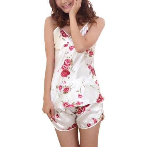 Casual Sleepwear Womens Sexy Fashion Shirts+Shorts Pants Flowers Rose Pajama Satin Ice Silk Nightwear Set hot selling