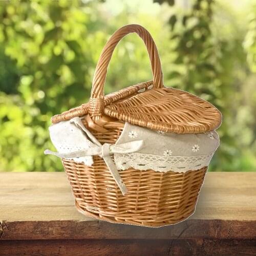 Handmade Wicker Basket with Handle, Wicker Camping Picnic Basket with Double Lids, Shopping Storage Hamper Basket with Cloth Lin