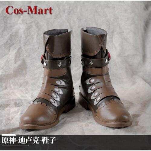 The High Quality Goods Game Genshin Impact Diluc Cosplay Universal Fashion Brown High-Top Boots Unisex Role Play Used 36-43 Size