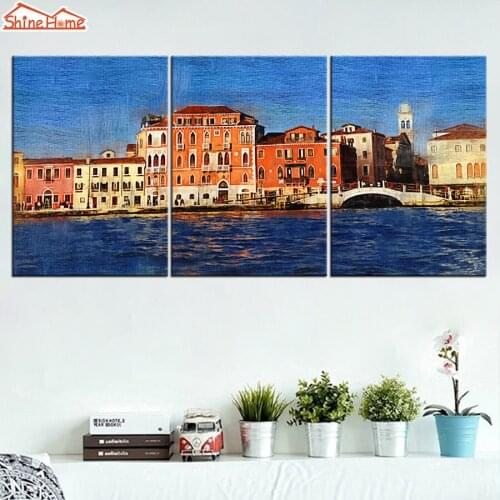 ShineHome-3pcs Wall Art Canvas Printing Venice Water City Oil Painting Triptych Modular Picture Prints Decoration for Livingroom