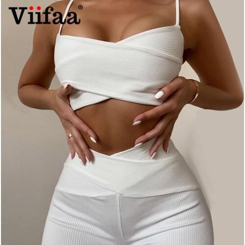 Viifaa Criss Cross Cami Top and Skinny Pants Knitted Two Piece Sets Sexy Fall Clothes for Women Club 2 Piece Outfits