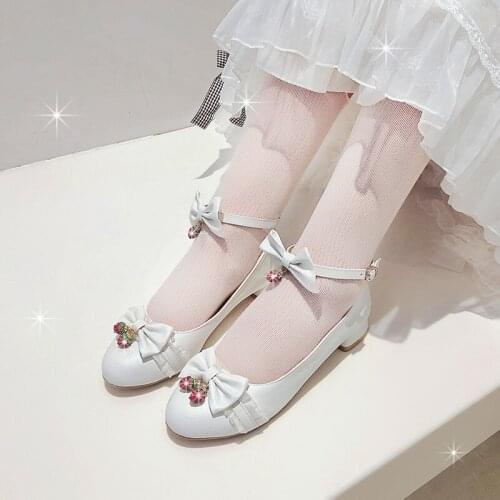 YQBTDL 2021 Sweet Bow Buckle Strap Mary Jane Shoes Ladies Color Patchwork Lace Low Heel Pumps Women Pink Lolita Shoes Size 34-43