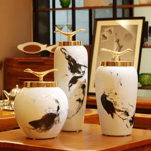 Modern Chinese Style Vase Ceramics Golden with Cover Crafts Decoration Creativity Living Room Flower Arrangement Accessories