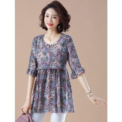 Plus Size Women Casual Chiffon Blouses New 2021 Summer Vintage Style Floral Print Flare Sleeve Loose Ladies Tops Shirts S3279