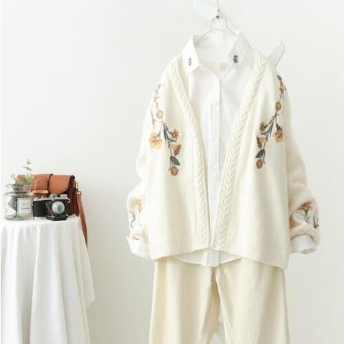 Mori Girl Women Sweater New 2019 Autumn V neck Flower Embroidery Long Sleeve Cardigan Women Knit Coat YoYiKamomo
