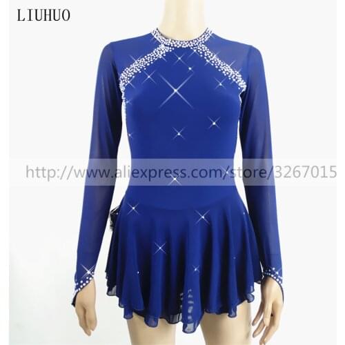 Figure Skating Dress Womens Girls' Ice Skating Dress Roller skating Competition Long sleeve Dark blue Classic style