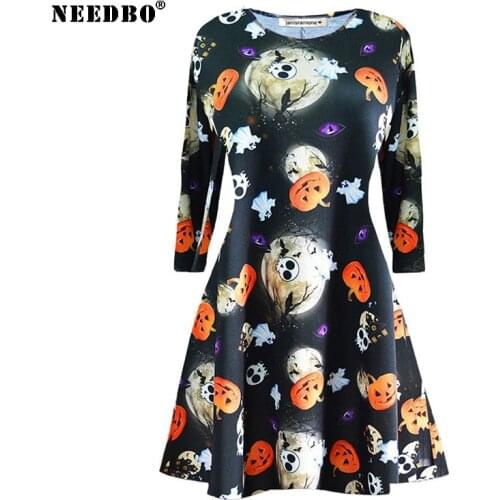 NEEDBO Halloween Dress Women Vestidos Vintage Long Sleeve Print Party Dress Robe Femme A-Line Casual Autumn Women Dresses 2020