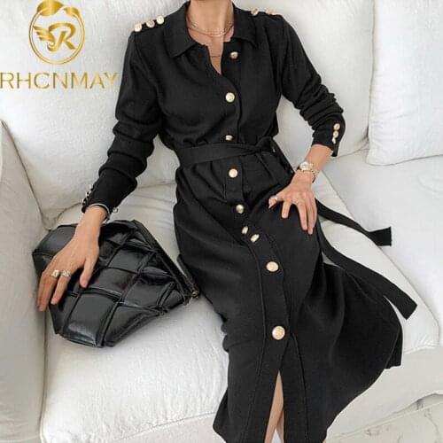 Woman Knitted Long Dress Elegant Single Breasted Long Sleeve Turn Down Collar Knitting Dresses Ladies Office Knitwear Vintage