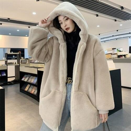 2021 Winter Fashion New Mid-length Zipper Hooded Long Sleeve Thicken Warm Loose Rex Rabbit Fur Jacket Women Trendy 064