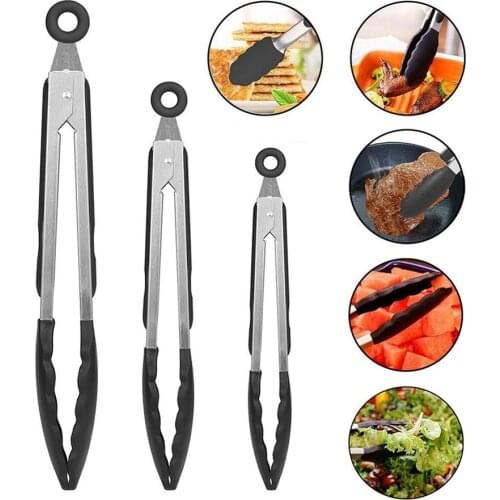 3PCS Stainless Steel Locking Kitchen Tongs with Silicon Tips BPA Free Kitchen Utensils for Bread Salad Food Clips BBQ Tools