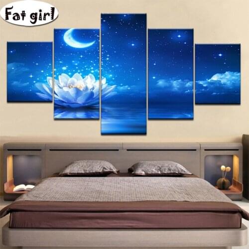 Water lilies under the stars Diamond painting 5d Diy cross stitch Moon star embroidery mosaic square round drill Home Decoration