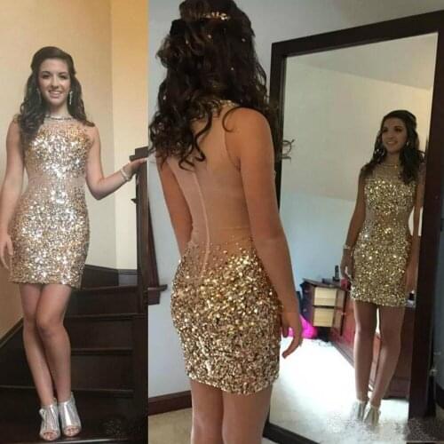 2021 Sparkle Sequined Short Sheath Cocktail Party Dresses Illusion Bodice Major Beading Mini Formal Prom Party Gowns платье