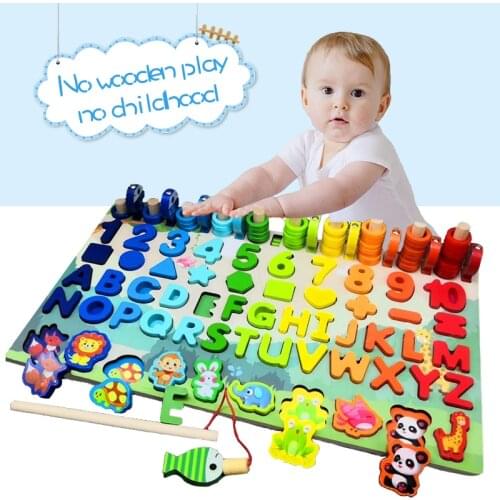 Montessori Educational Wooden Toys Board Math Fishing Count Numbers Digital Shape Match For Kids Wooden Preschool Toy Counting