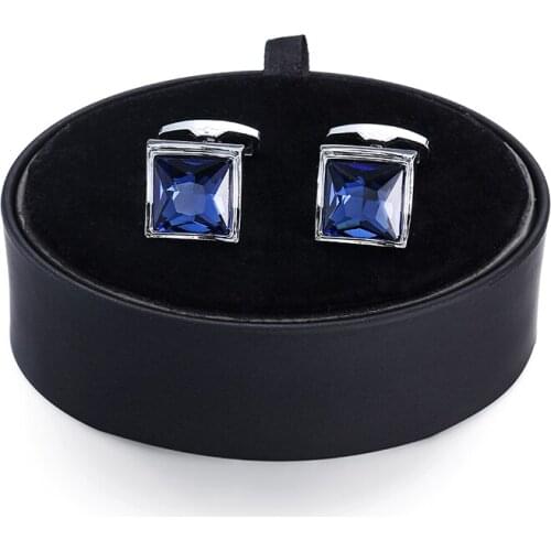 DY DY new luxury brand square blue crystal Cufflinks black leather box set men French Cufflinks Gift Set FREE SHIPPING