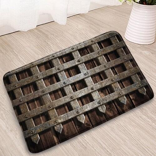 Retro Wood Grain Iron Fence Bathroom Mats Doorway Kitchen Corridor Flannel Absorbent Non-Slip Carpets Washable Home Decoration