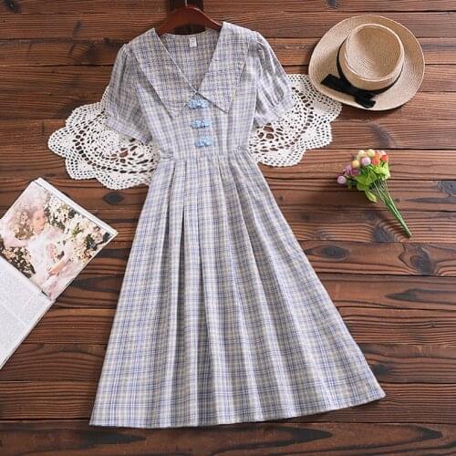 Summer new cute sweet dress japan style short sleeve mori girl casual plaid vestidos