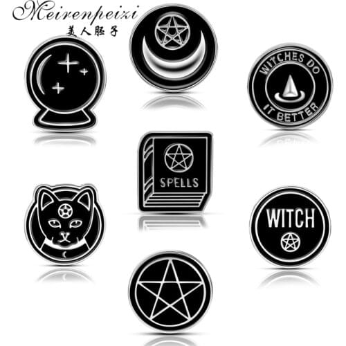 Meirenpeizi Witch pins Moon phases Witch hand Weirdos Lapel pin Badges Brooches Hard enamel pins free shipping
