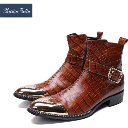 Christia Bella Fashion Autumn Buckle Strap Men Shoes Genuine Leather Boots Metal Round Toe Boots Big Size Zipper Ankle Boots