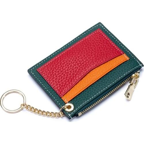 Genuine Leather Women Card Wallet Short Leather Retro Multi-Color Card Holder Money Purse Coins Pocket Wallet Key Ring