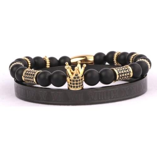 New Luxury Men Jewelry Bracelet CZ Micro Pave Crown Charm Stainless Steel Beads Custom Elastic Bracelet Bangle Set Men Women